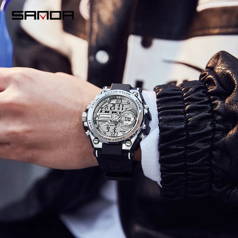 Sanda-Reloj de mano deportivo para hombre, cronómetro con pantalla Digital analógica, modo despertador, resistente al agua, estilo de moda, gran oferta, 6092