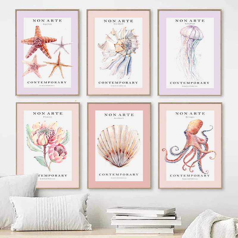 Vintage Starfish SeaShell Jellyfish Octopus Contemporary Art Poster Print Canvas Painting Nordic Wall Art Gallery Home Decor