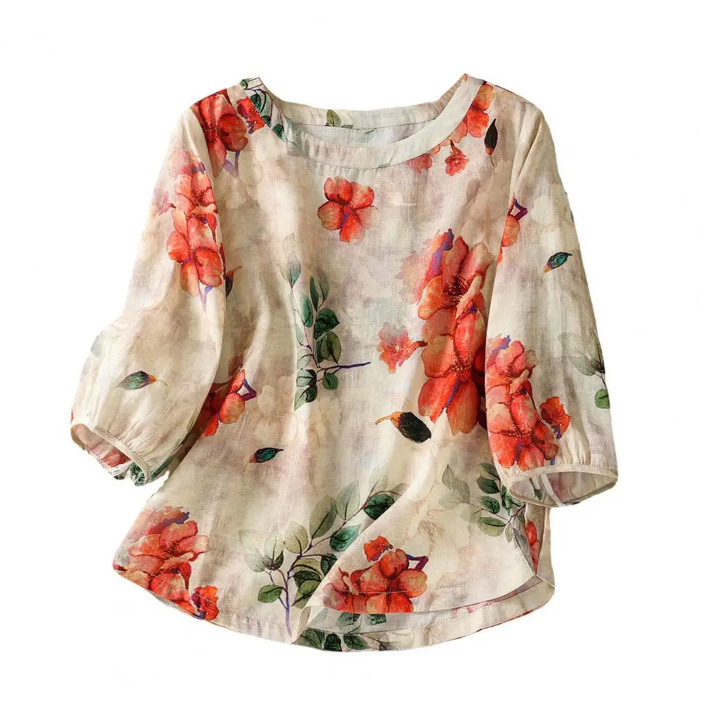 Camisa feminina com gola redonda, estilo boêmio, estampa floral, algodão respirável, blusa de linho, 3/4, blusa