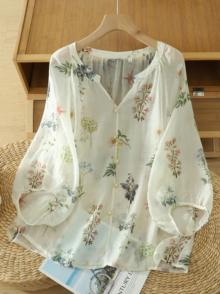 

Легкая хлопково-льняная блузка с цветочным принтом для женщин, лето 2025, с рукавами-фонариками, больших размеров, хлопково-льняная, с V-образным вырезом, маленькая блузка