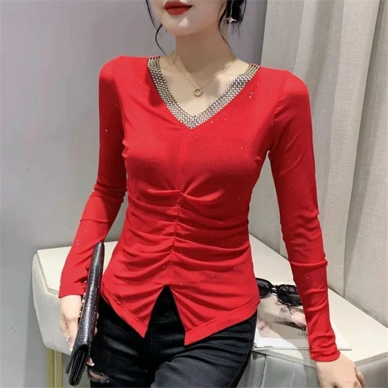 Spring Autumn Fashion Sequins Ruched Sexy V-Neck Hollow Mesh Rhinestone Slim Basic T Shirt Women Elegant Long Sleeve Ladies Tops