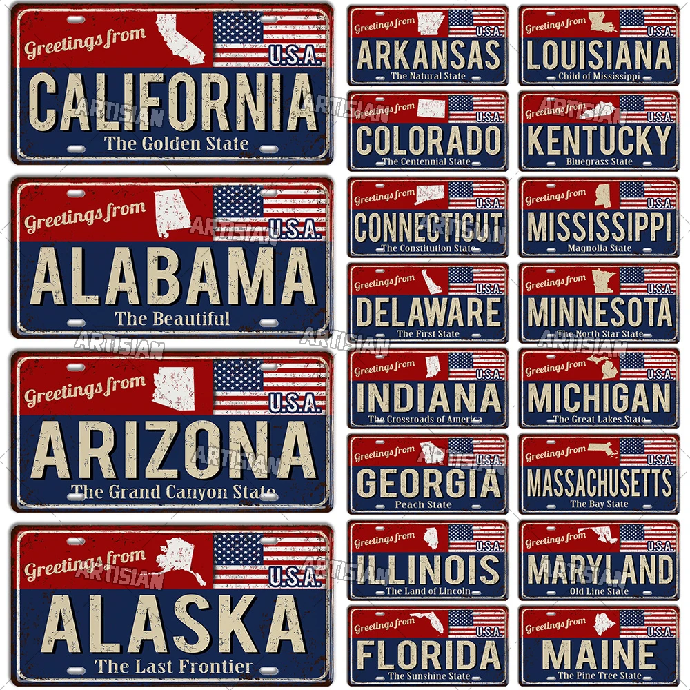 Artisian Greeting from USA States Landmark License Plate Ctiy Metal Sign Decorative Vehicle Plate Wall Decor Garage Bar Pub Club