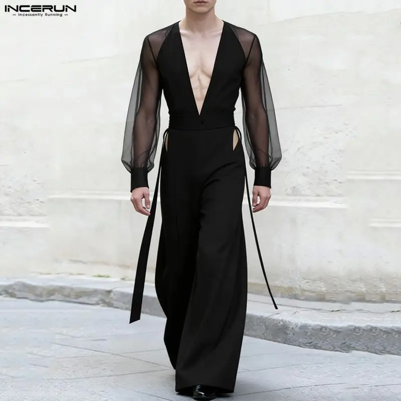 INCERUN Men Jumpsuits Mesh Patchwork See Through V Neck Long Sleeve Rompers Pants Streetwear Hollow Out Fashion Men's Overalls