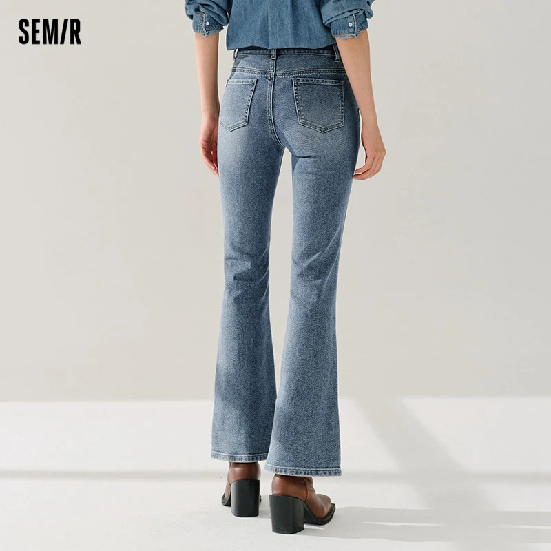 Semir Jeans Dames Lange broek met hoge taille en split Lente Patchwork Flare-broek Beenverlenging