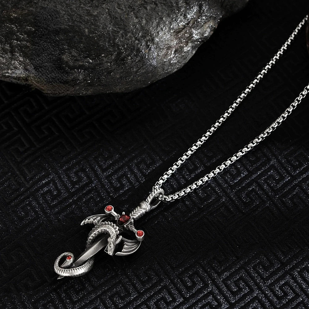 Vintage Silver Color Dragon Sword Cross Pendant Necklace for Men Women\'s Goth Punk Long Chain Necklace Hip Hop Jewelry