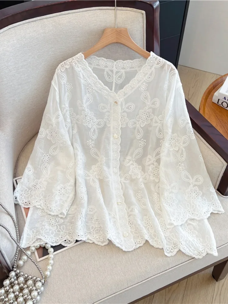 

Women's Linen ort Sve irt Thin Outerwear Cardigan V-ne Regular Fit Summer Faion plus Size White Cotton Mallow