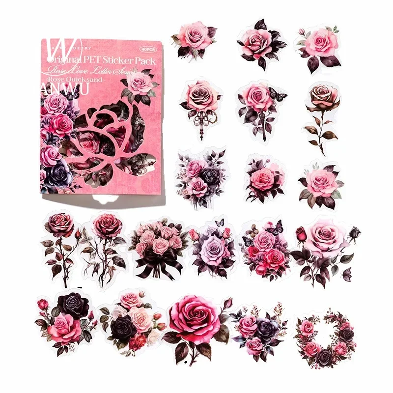 JIANWU 40Sheets Rose Love Letter Series Vintage Flower Material Collage PET Sticker Creative DIY Journal Scrapbooking Stationery