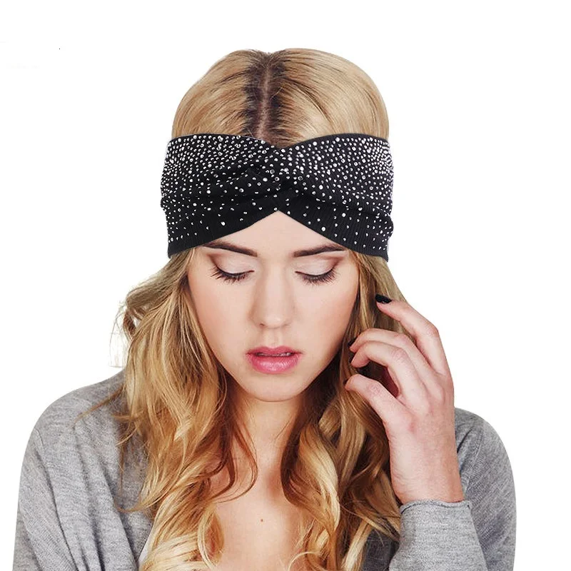 Hot Fix Rhinestone Hair Bands Cotton Yoga Headbands Front Cross Headwrap Women Headbands Headpiece Headwrap Turban Headwear