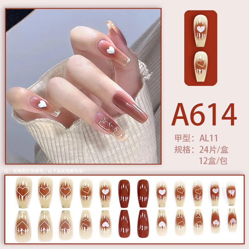 24pcs Sweet Blush Love Adhesive False Nails Set with Glue Long Nails Press on Nail Fall and Winter Coffin Nail Art Removable