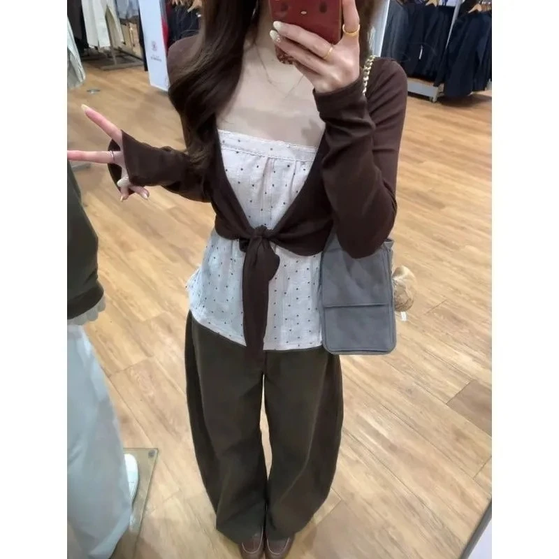 Korean Sweet Chic Two Piece Outfits Brown Polka Dot Camisole Front Tie Knit Cardigan Casual Daily Layering Clothing Summer 2026
