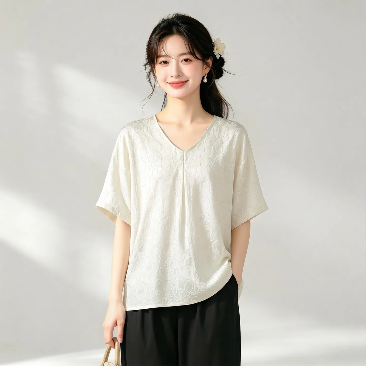 Winsleter-100%Real Silk Elegant T-Shirt, V Neck Short Sleeve Jacquard, Women Casual Commute Loose Top, 2026 Autumn New T68463CC