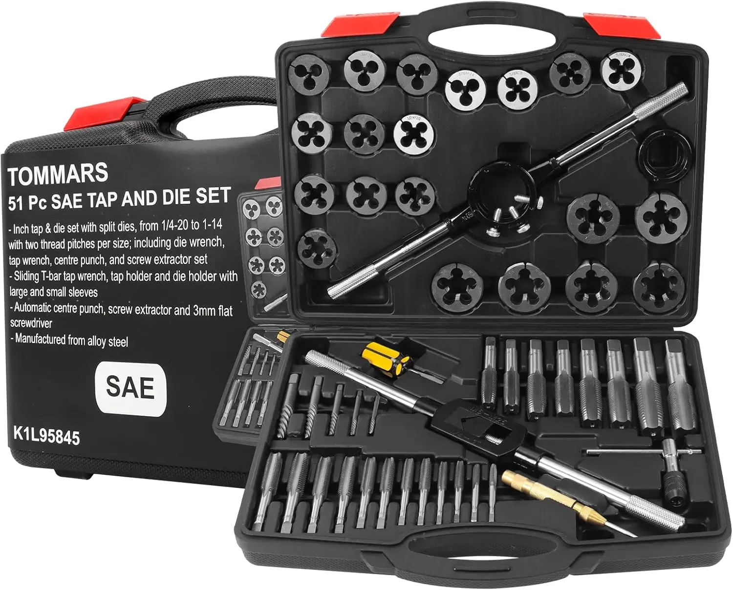 

51-Piece SAE Tap and Die Set for Threading Internal & External Threads, 1/4-20 to 1-14 Sizes, Alloy Steel Construction