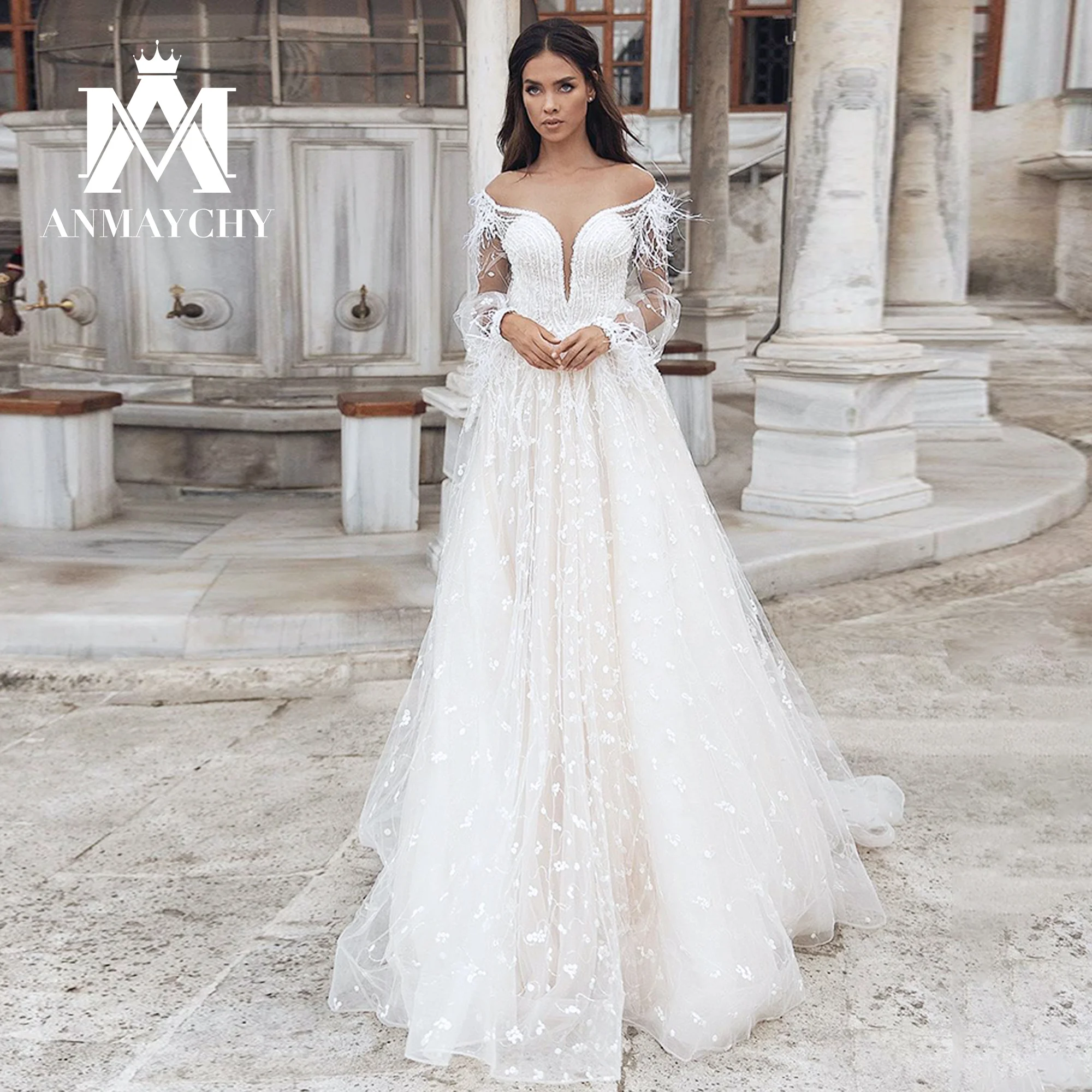 ANMAYCHY A-Line Wedding Dress 2023 Sweetheart Puff Long Sleeve Embroidery Sequined Feathers Wedding Gown Lace Vestidos De Novia