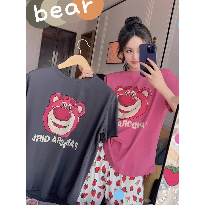 

Disney strawberry bear silk pajamas women's summer pure cotton comfortable cartoon loose cotton loungewear home women's pajamas