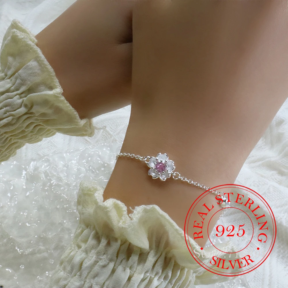 Real Money Korean 925 Sterling Silver Zircon Cherry Blossom Charm Bracelet For Women Girls Homme Wedding Party Jewelry Gift