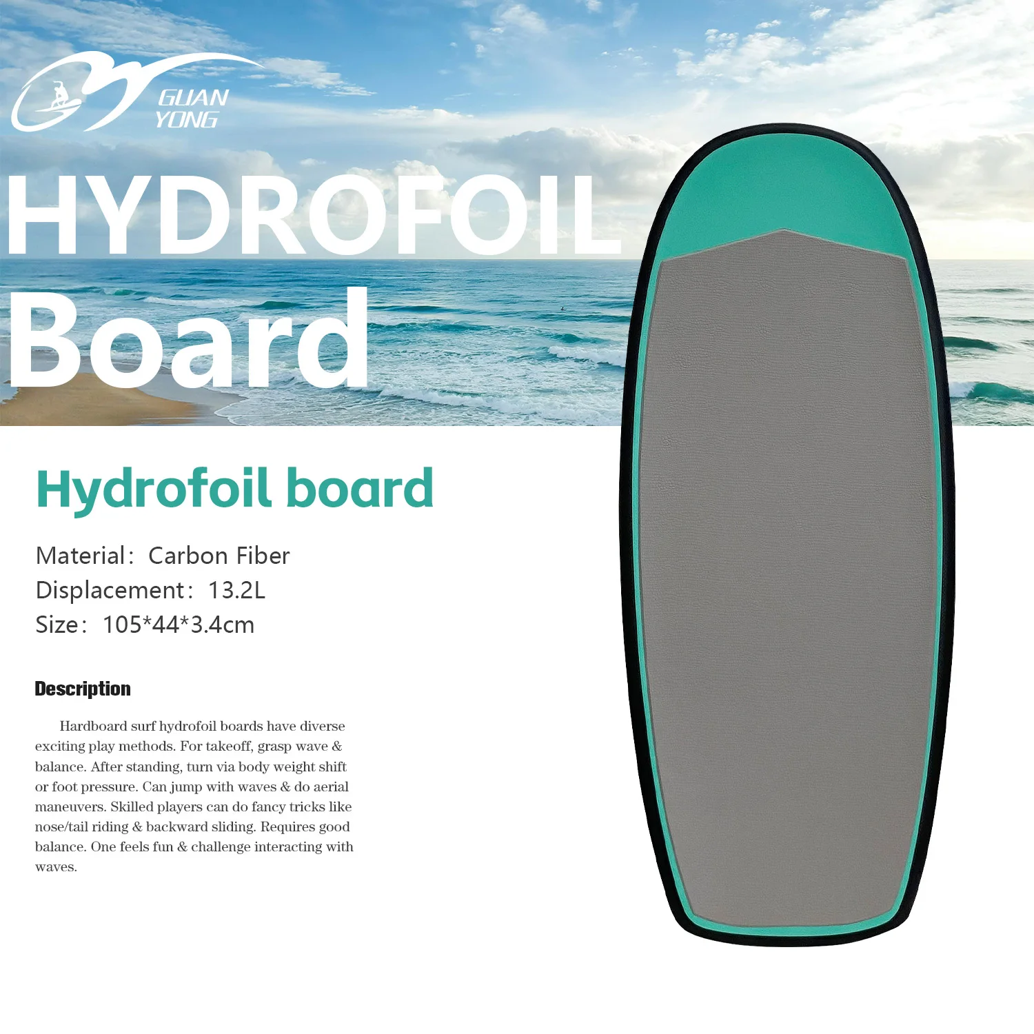 Hot Selling 105CM 13.2L Hydrofoil Hardboard Green EPS+Carbon Fiber Material with Super Buoyancy Waterplay Surfing Tool Accessory