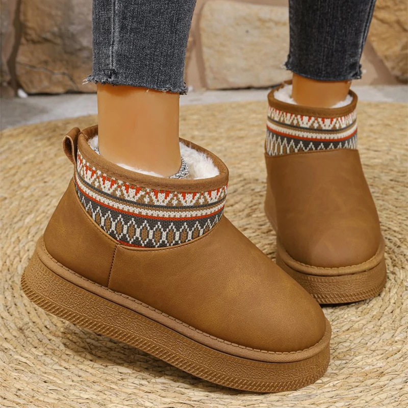 

Geometric Jacquard Pattern Winter Boots Women Thick Bottom Slip On Snow Boots Woman Long Plush Coldproof Warm Casual Shoes Lady