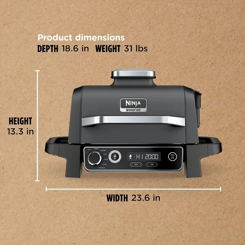 Ninja Woodfire Pro 7-in-1 Grill & Smoker with Thermometer, Air Fryer, BBQ, Bake, Roast, Broil Electric Outdoor Grill, Grey