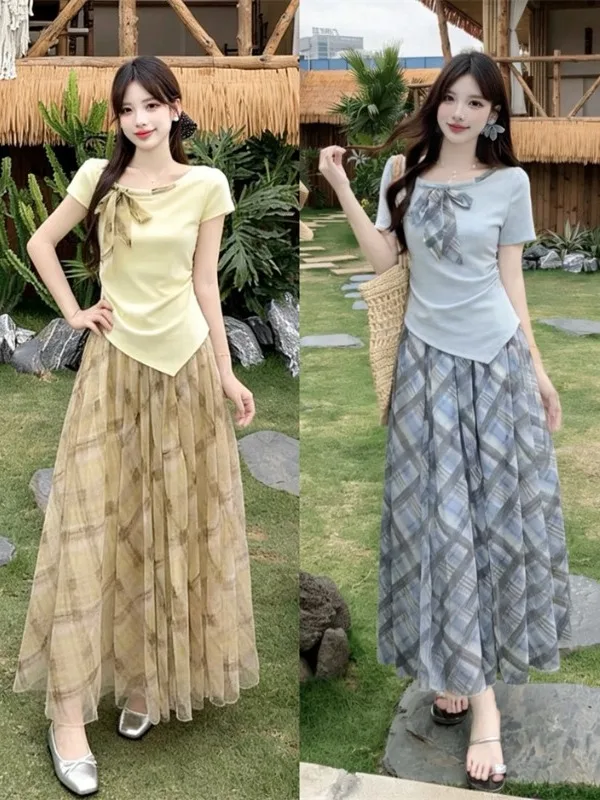 

Slimming plus Size Fashionable Set Women's Summer Short Sleeve Shirt And Plaid Skirt Two Piece Suit Breathable Commute S...