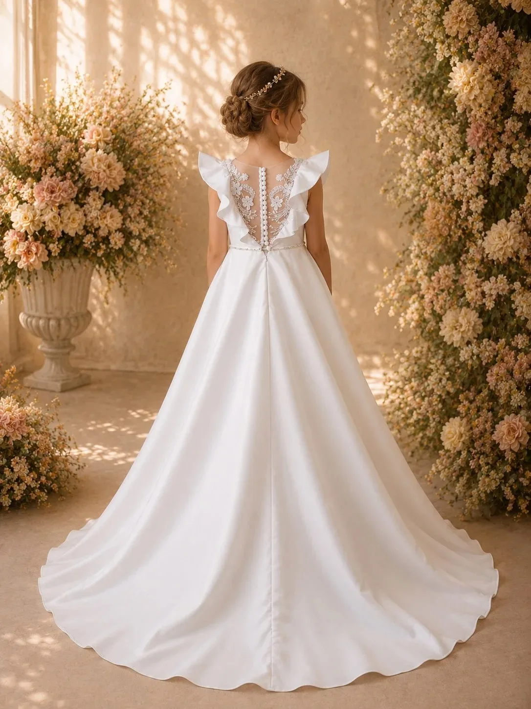 Großhandel Elegante Maßgeschneiderte Satin-Blumenmädchenkleider für Hochzeiten, Perlenbestickte Kinder-Geburtstagsfeierkleider, Erstkommunion-Ballkleider – Detail 2