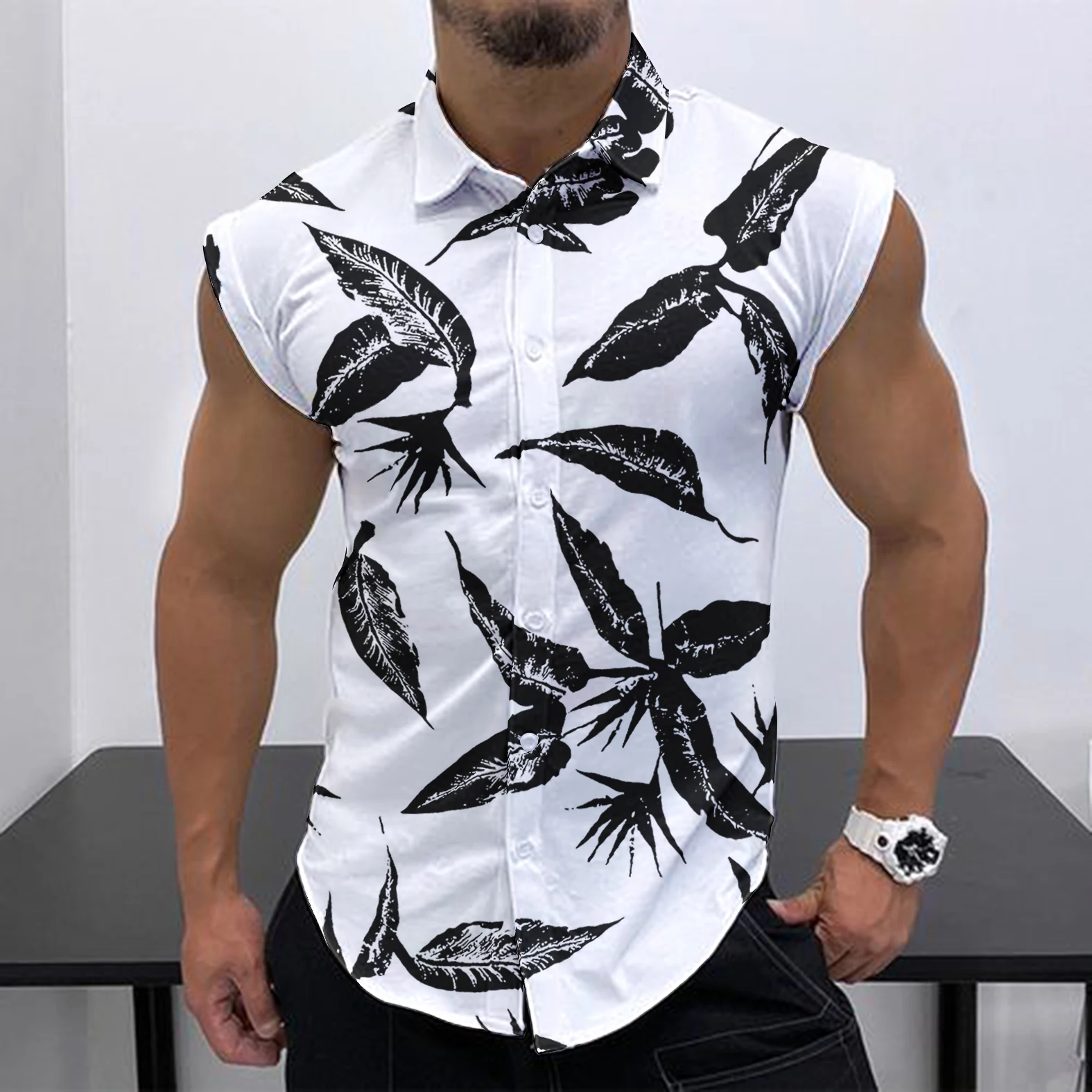 2023 Summer New Men\'s Sleeveless Shirt Fashion Trend HD 3D Printing Street Leisure Beach Holiday Party Button Quick Drying Shirt