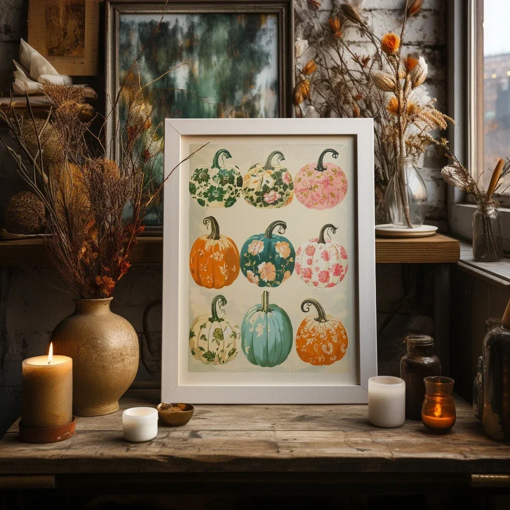Affiche imprimée Feuilles d'automne et citrouilles, Décoration d'automne pour la maison, chambre et salon, Décoration ambiance automne, Peinture sur toile