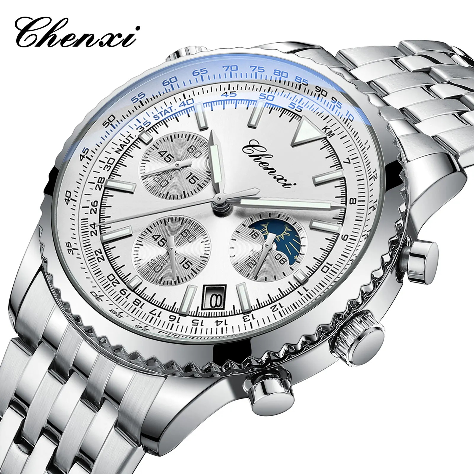

CHENXI 928, спортивные мужские кварцевые часы, многофункциональные часы с календарем фазы Луны, хронограф, светящиеся водонепроницаемые модные часы для мужчин