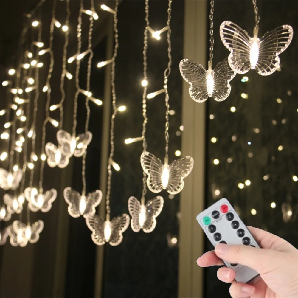 

USB/Battery Powered 3.5M 96 Leds Butterfly Icicle String Light & Remote Curtain Window Decoration for Christmas,Party,New Year