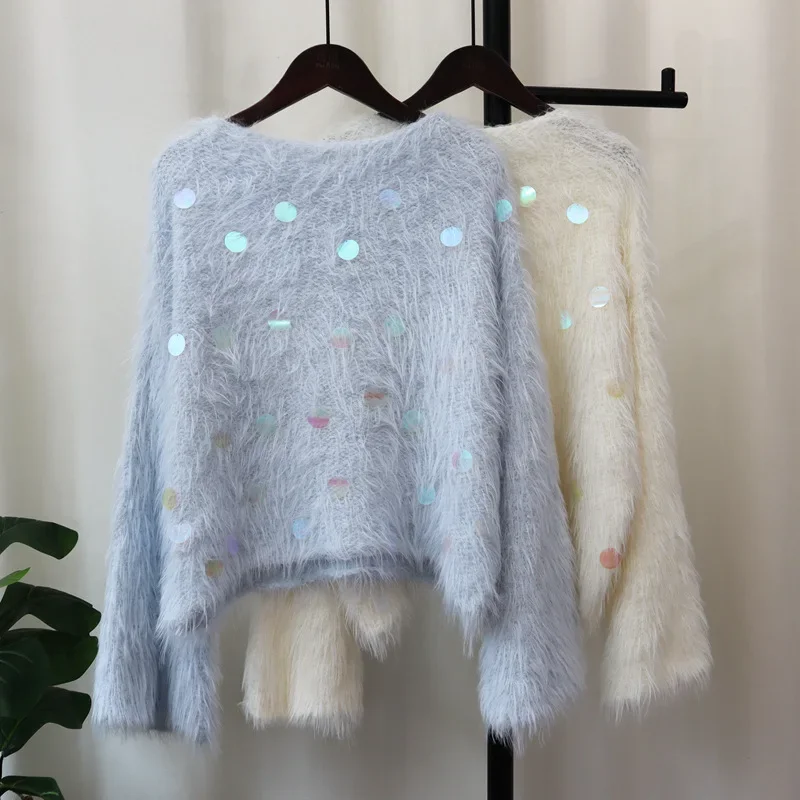 2024 donne paillettes o-collo maglione Cardigan pelliccia Kintted sciolto primavera autunno Vintage inverno Streetwear Y2k maglione cappotto Cardigan