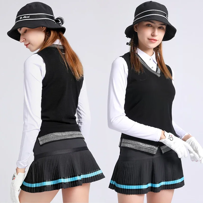 

SG Ladies Knitted Golf Sleeveless Vest Women Long Sleeve Tops Pleated Golf Skirt High Waist Skort with Inner Shorts Sportswear