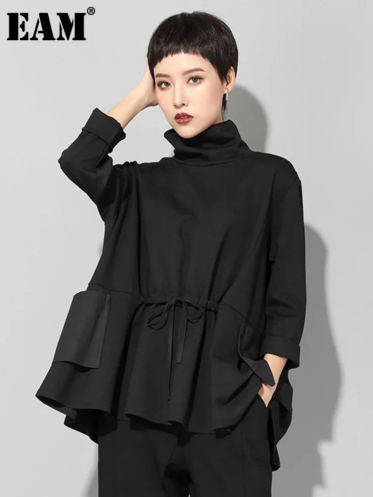 

[EAM] Women Black Drawstring Ruffles Big Size Casual T-shirt New Turtleneck Long Sleeve Fashion Tide Spring Autumn 2024 1DF4664