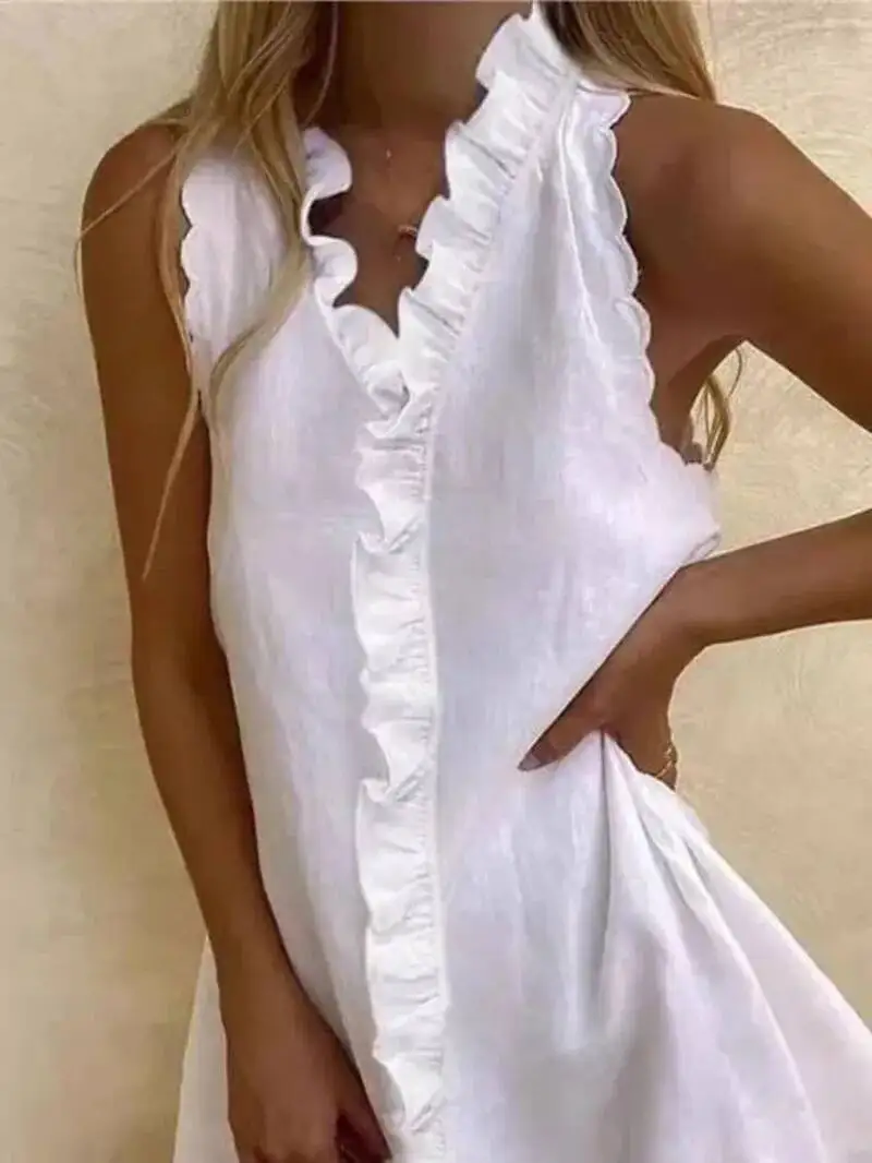 여성 캐주얼 코튼 린넨 화이트 드레스 여름 브이넥 프릴 민소매 우아한 보헤미안 비치 파티 미니 드레스 여성 로브 9HLP