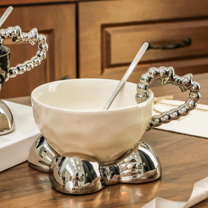 English Silver White Ceramic Coffee Cup Saucer Bead Point Handle Bow Cup Afternoon Tea Tableware Ceramic Latte Coffee Cup