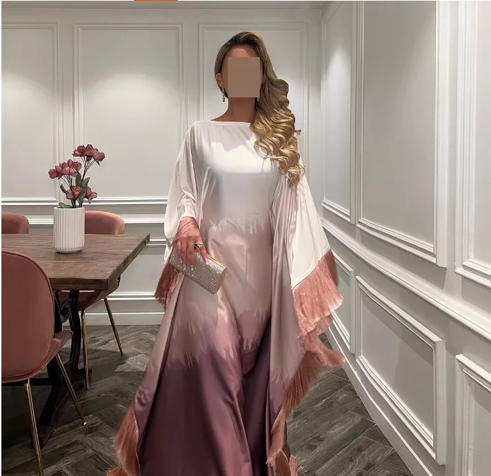 Middle Eastern Tassel Robe Gradient Printed Round Neck Loose Dress