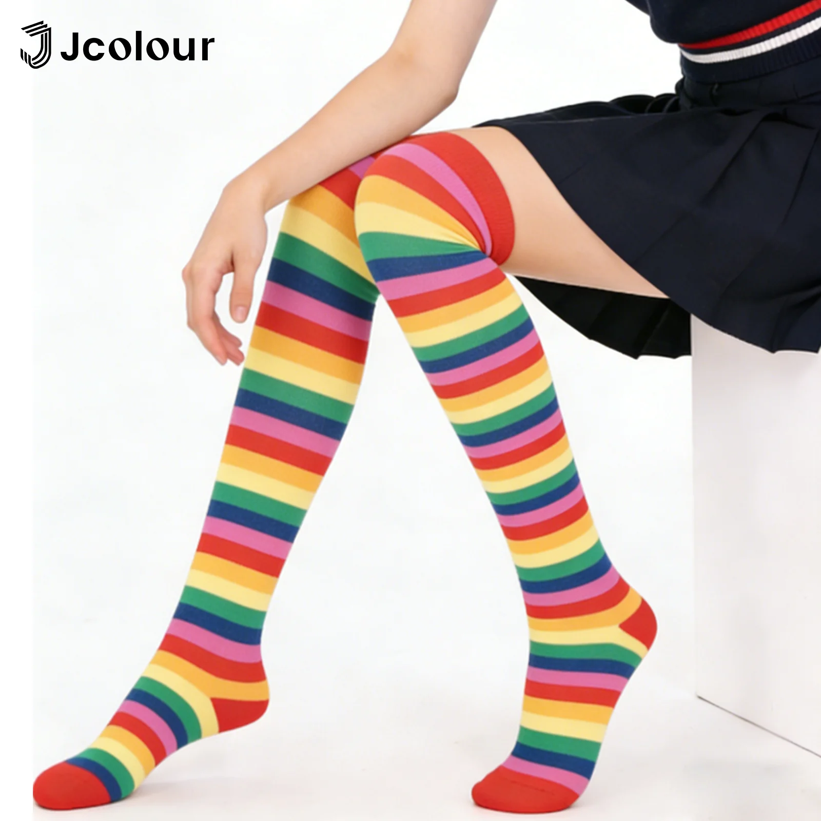 Meia Longa Over Knee Feminina Listrada Cores Pastel Arco-Íris - Estilo Fofo e Confortável para Festas e Looks do Dia a Dia