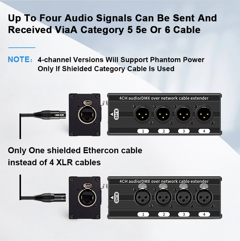 4-Kanal 3-Pin Netzwerk-XLR-Kabel zu RJ45 Audio-Extender STP Cat5 für Bühnen-Sound, Beleuchtung und Aufnahmestudio, Stecker und Buchse – Detail 4