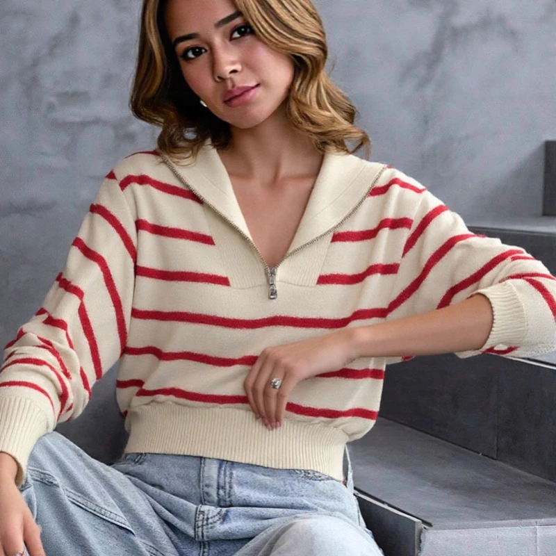 

Зимний винтажный модный женский свитер на молнии в полоску, повседневный корейский вязаный пуловер с матросским воротником, топы, осенний элегантный трикотаж