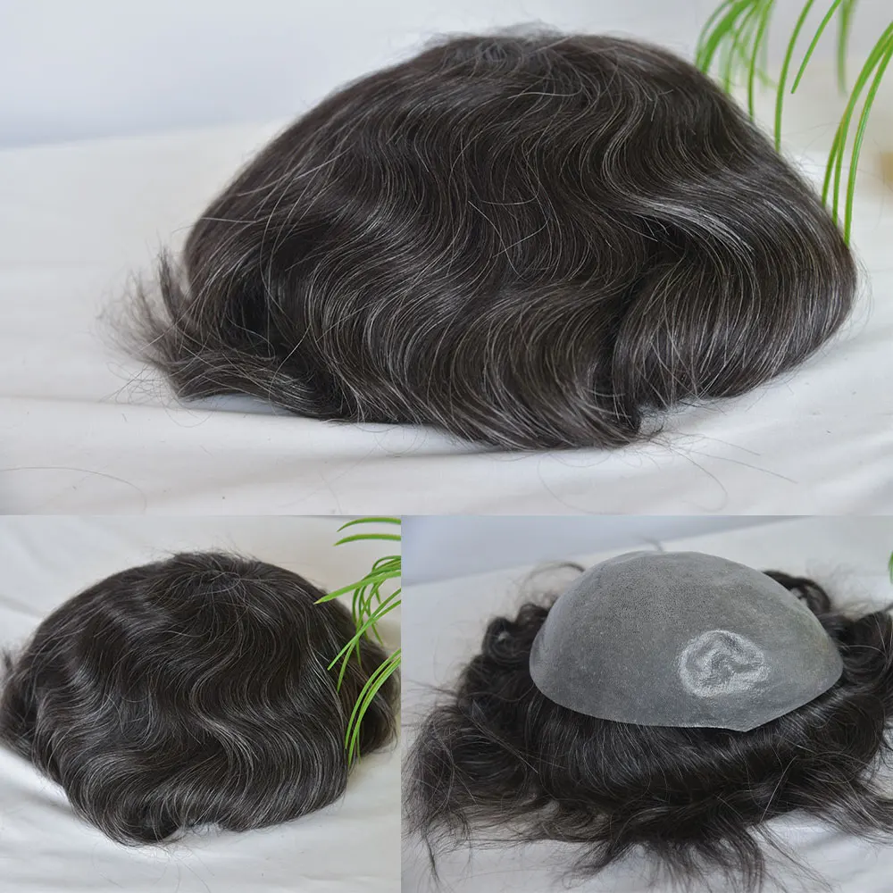 Thin Skin PU Human Hair Toupee for Men Hair Toupee Durable Wigs 100%European Remy Hair 10x8inch 1B Mixed Grey Hair Toupee