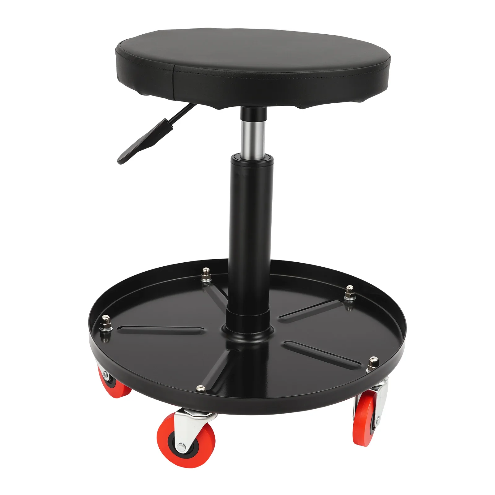 Roller Seat, Adjustable Mechanic Stool, 360° Swivel Garage Rolling Chair with Tool Tray, Pneumatic Height 17.3–22.1in, Black Seat Red Wheels, Comfortable Workshop Seat for Car Repair, Auto Maintenance, Detailing, Garage Equipment