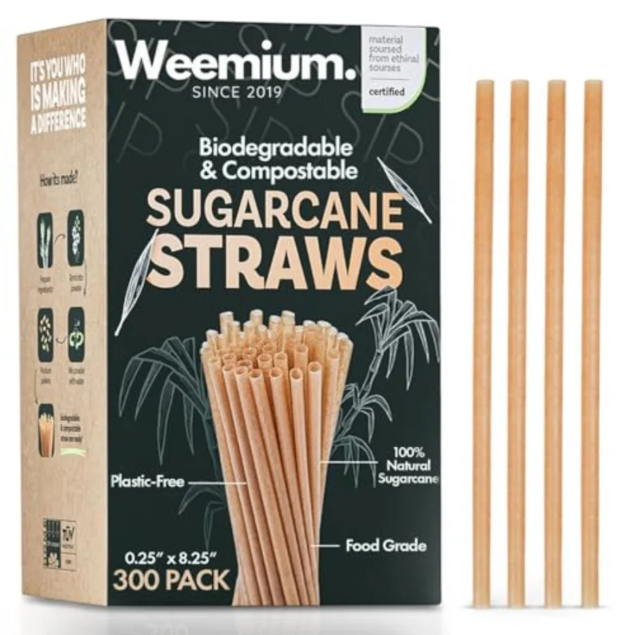 

Sugarcane Straws [300 Pack] 8.25" FSC Certified 100% Compostable Straws Disposable for Warm and Cold Drinks Plastic-free and Bi