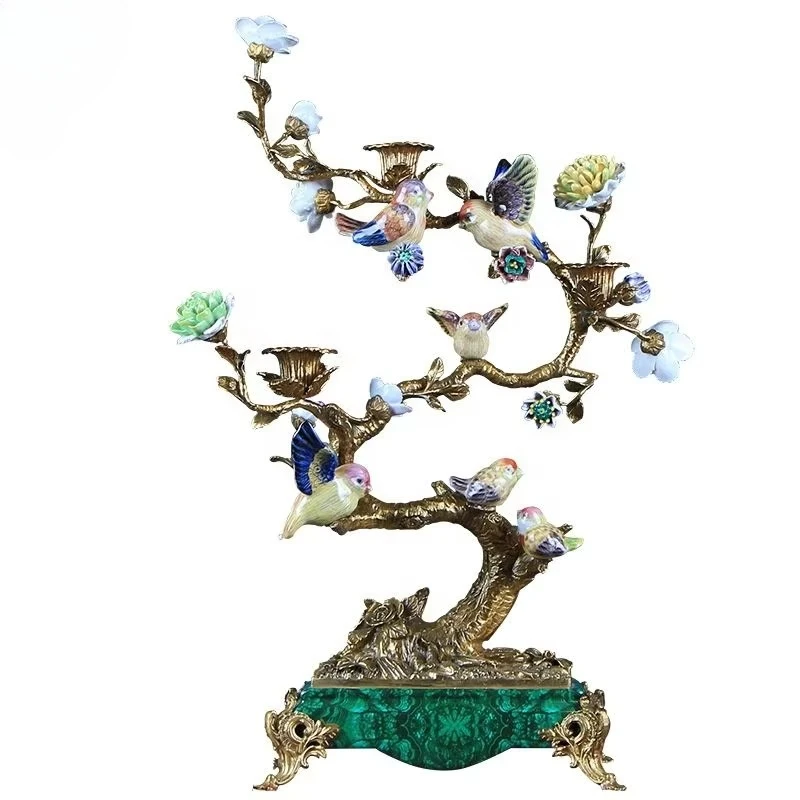 New Chinese Home Soft Porch Home Accessories European Style Creative Brass Bird Tree Decorative Candle Holder Ornaments