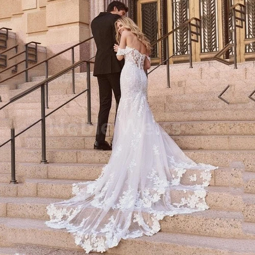 Imagen 2 del producto Vestidos de novia de sirena de playa para novia, apliques de encaje, vestido de novia bohemio largo con tren personalizado