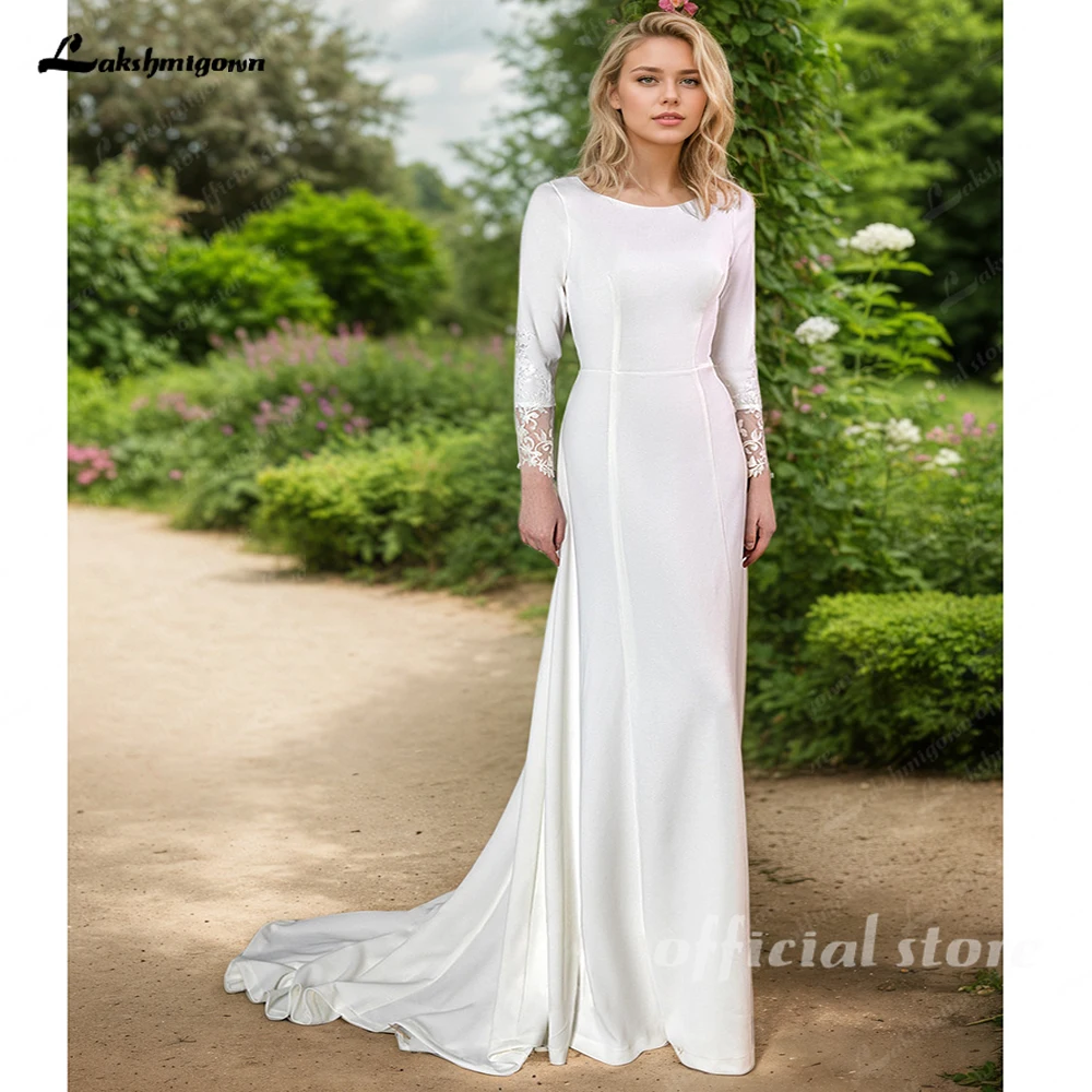 

Lakshmigown Jersey Long Sheath Wedding Dresses Lace Sleeves Appliques Scoop Neckline Bridal Gowns Customized