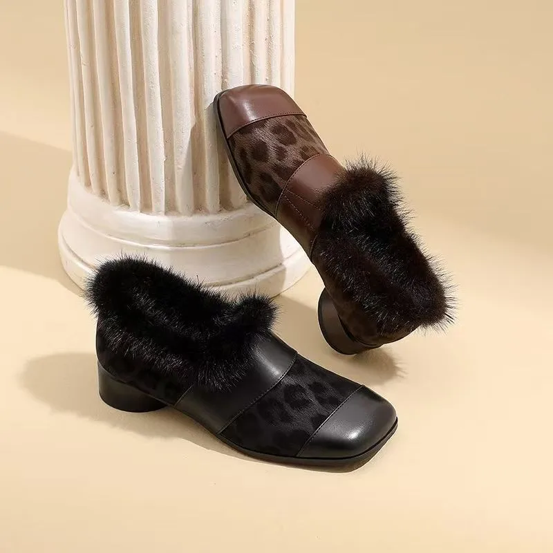 

2025 New Winter Women's Square Toe Chunky Heel Dress Pumps | Faux Mink Fur & Suede Lambskin Fleece Lined Warm Office Boots