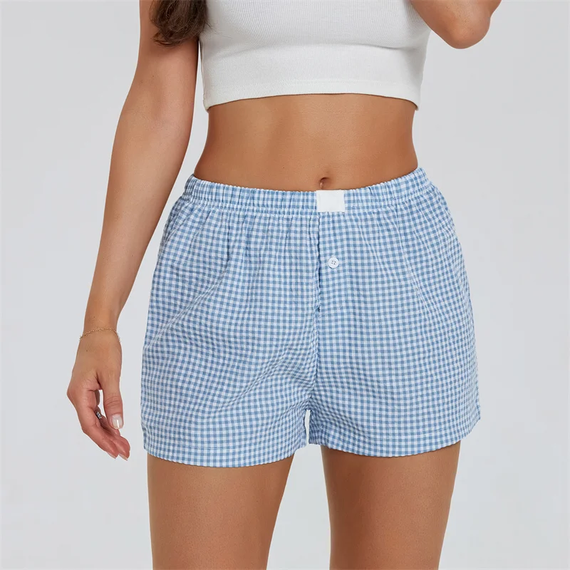 Women Y2k Plaid Pajama Shorts Buttons Elastic High Waist Casual Straight Short Pants Lounge Baggy Sweatshorts 2024 Summer New