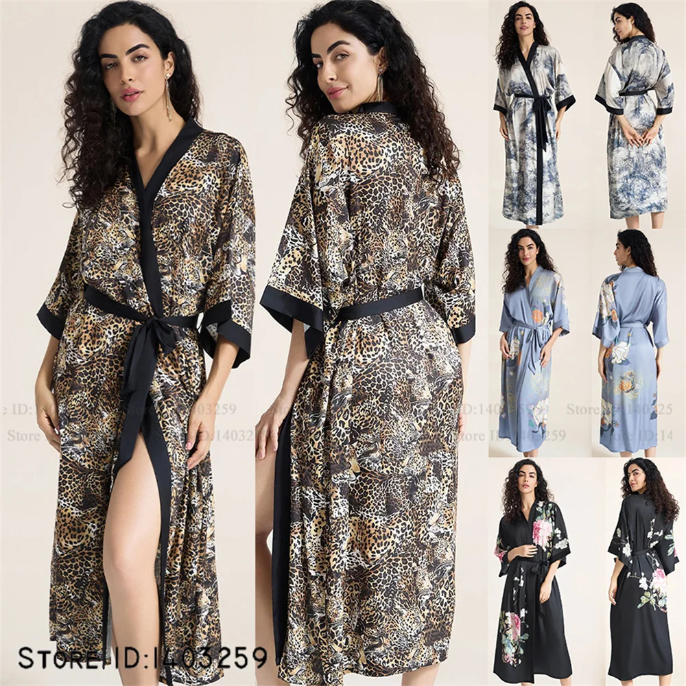 Sexy Leopard Long Robe Nightgown Home Dress Loose Silky Satin Kimono Bathrobe Gown Elegant Sleepwear Casual Loungewear Pajama