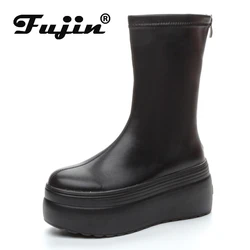 Fujin 8cm 2024 pelle microfibra donna tacchi alti vulcanizzati scarpe bianche ZIP aumentare stivaletti Casual scarpe con zeppa piattaforma