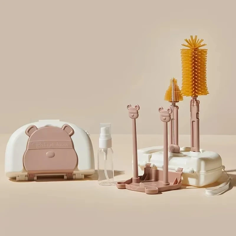 Kit de nettoyage de biberons avec étendoir, brosses en Silicone, nettoyeur de paille et de mamelon, boîte de rangement