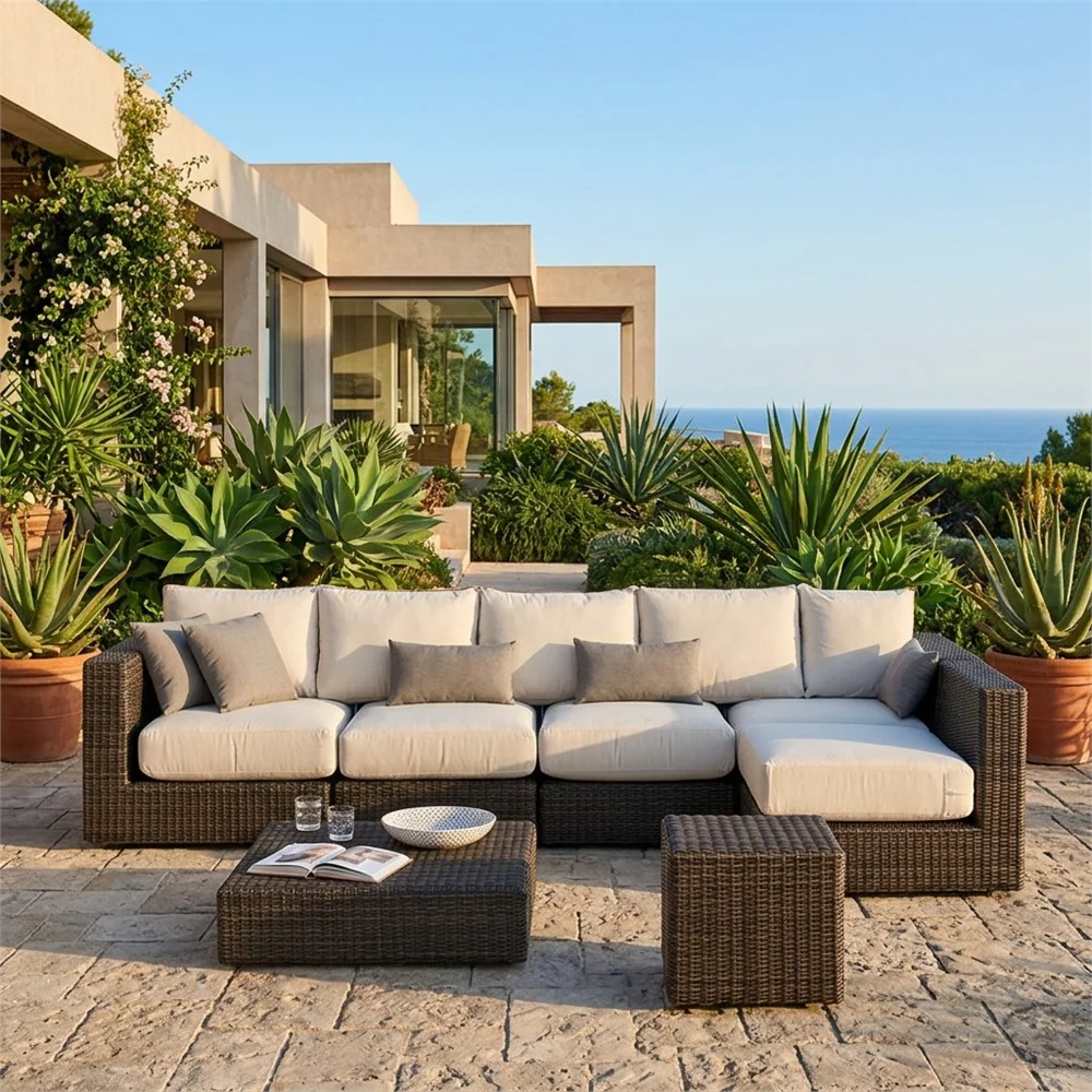 Midcentury Farmhouse All Weather UV Waterproof PE Rattan Modular Sectional Garden Courtyard Park Outdoor Furniture Sofa Couch