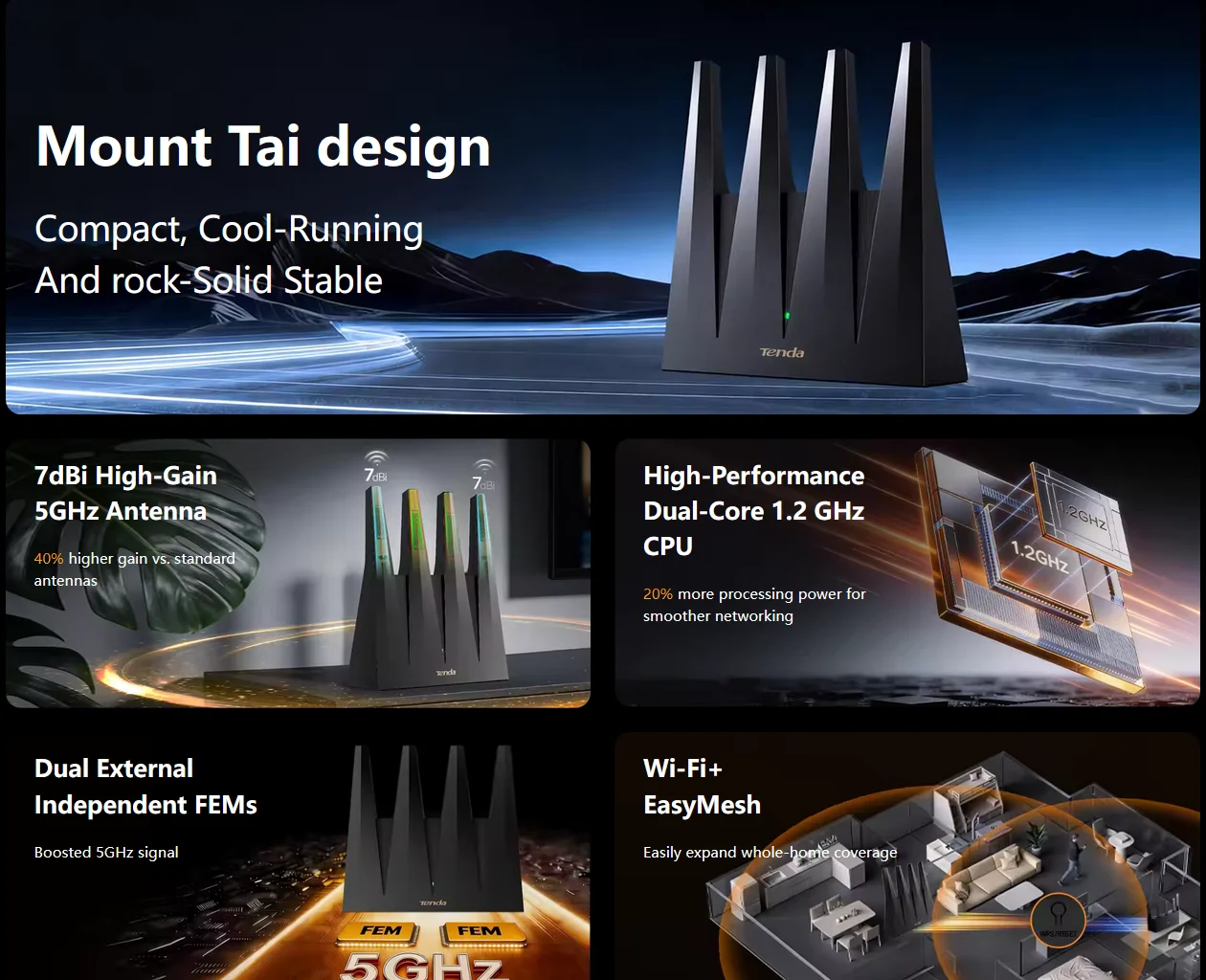 Tenda Mew AX12 AX3000 WiFi 6 Router 160MHz Dual Band 2.4/ 5GHz Gigabit Easy Mesh VPN Signal Booster 2976Mbps Long Range Coverage